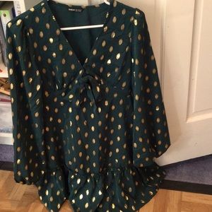 SHEIN Forest GREEN polka dot bow long sleeve cocktail MINI DRESS, small.